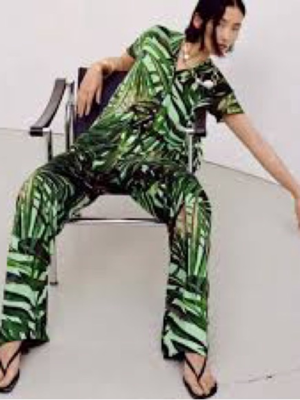 Zara Tropical Leaf Print Wide Leg Pants - Green